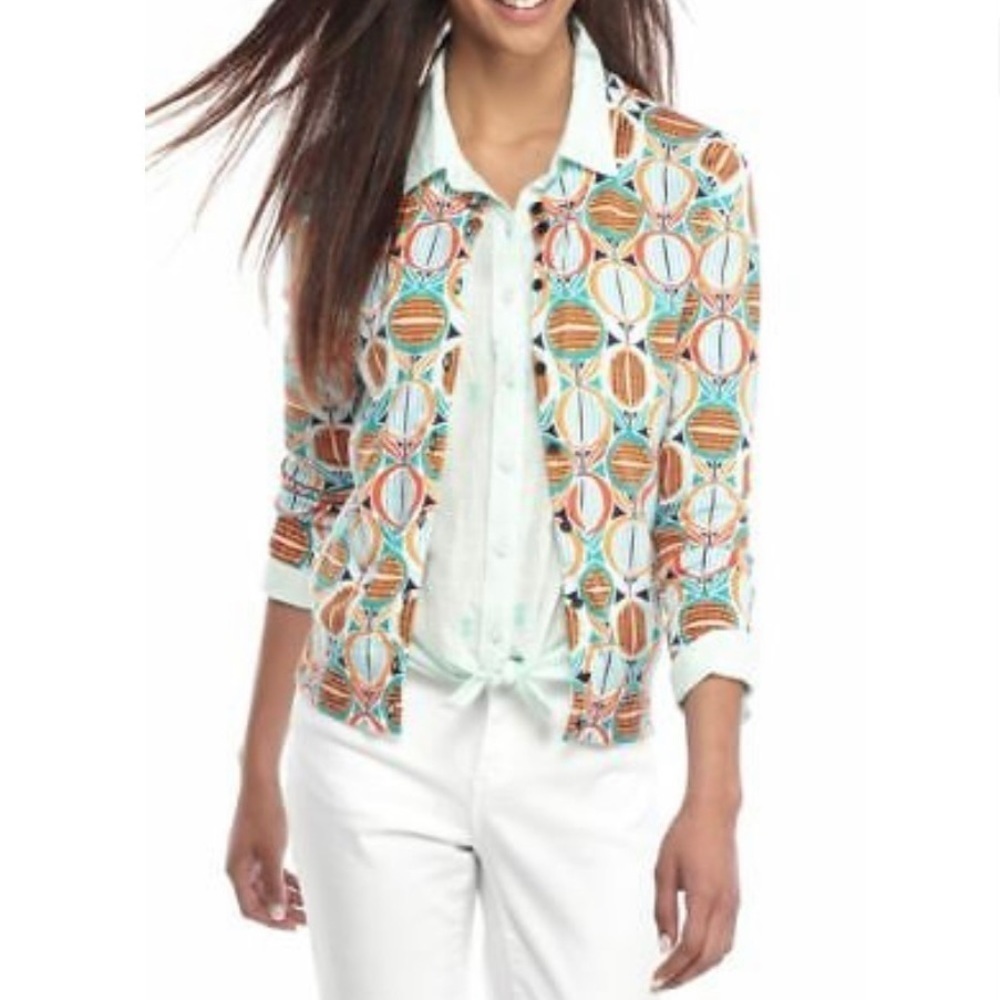 Crown & ivy geometric print cotton blend cardigan size small